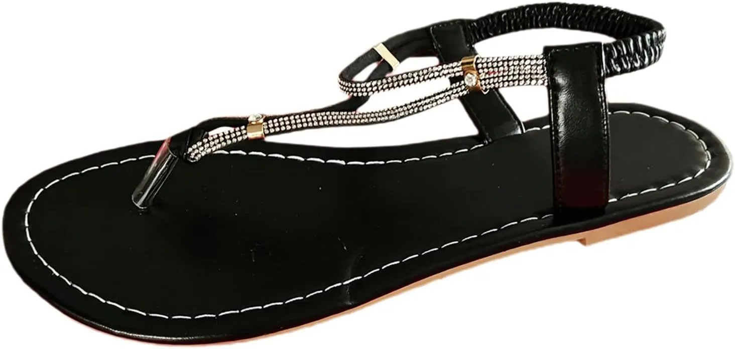 Adjustable Strap Flat Sandals for Women Rhinestone Open Toe Slip on Casual Sandal Comfortable Walking Sandals