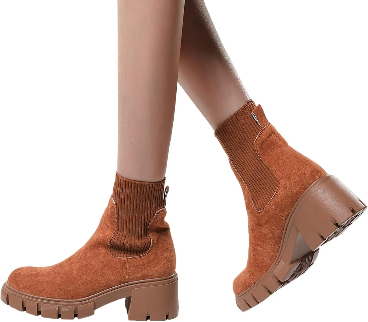 Ankle Boots for Women, Fashion Elastic Chunky Block Heel Chelsea Boots Women's Platform Sole Non-Slip Combat Boots