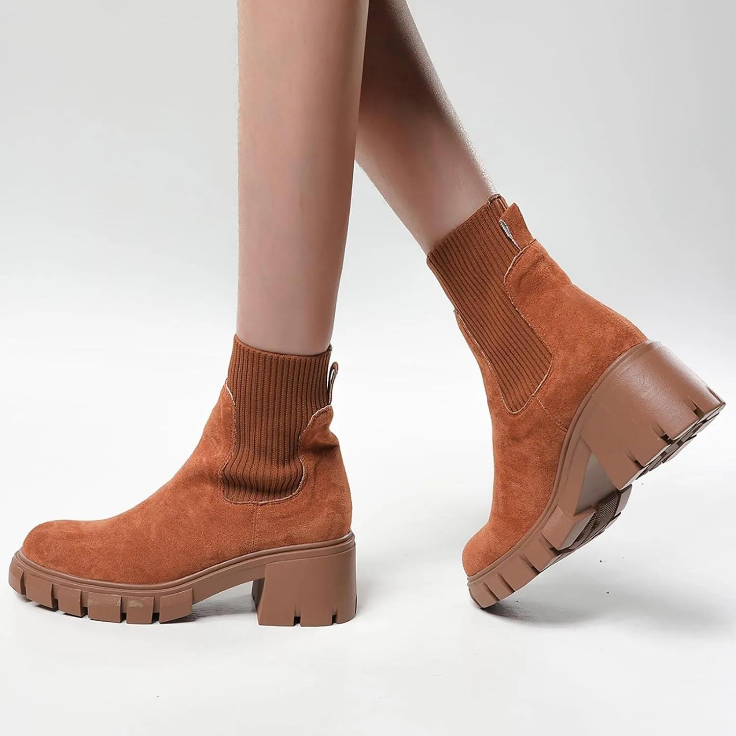 Ankle Boots for Women, Fashion Elastic Chunky Block Heel Chelsea Boots Women's Platform Sole Non-Slip Combat Boots