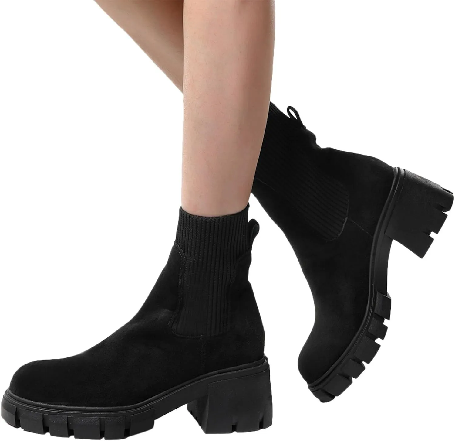 Ankle Boots for Women, Women's Elastic Chelsea Boots Chunky Block Heel Platform Sole Non-Slip Combat Ankle Booties