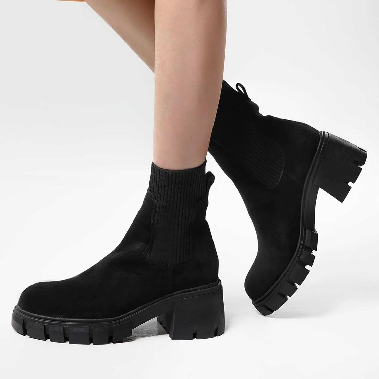 Ankle Boots for Women, Women's Elastic Chelsea Boots Chunky Block Heel Platform Sole Non-Slip Combat Ankle Booties