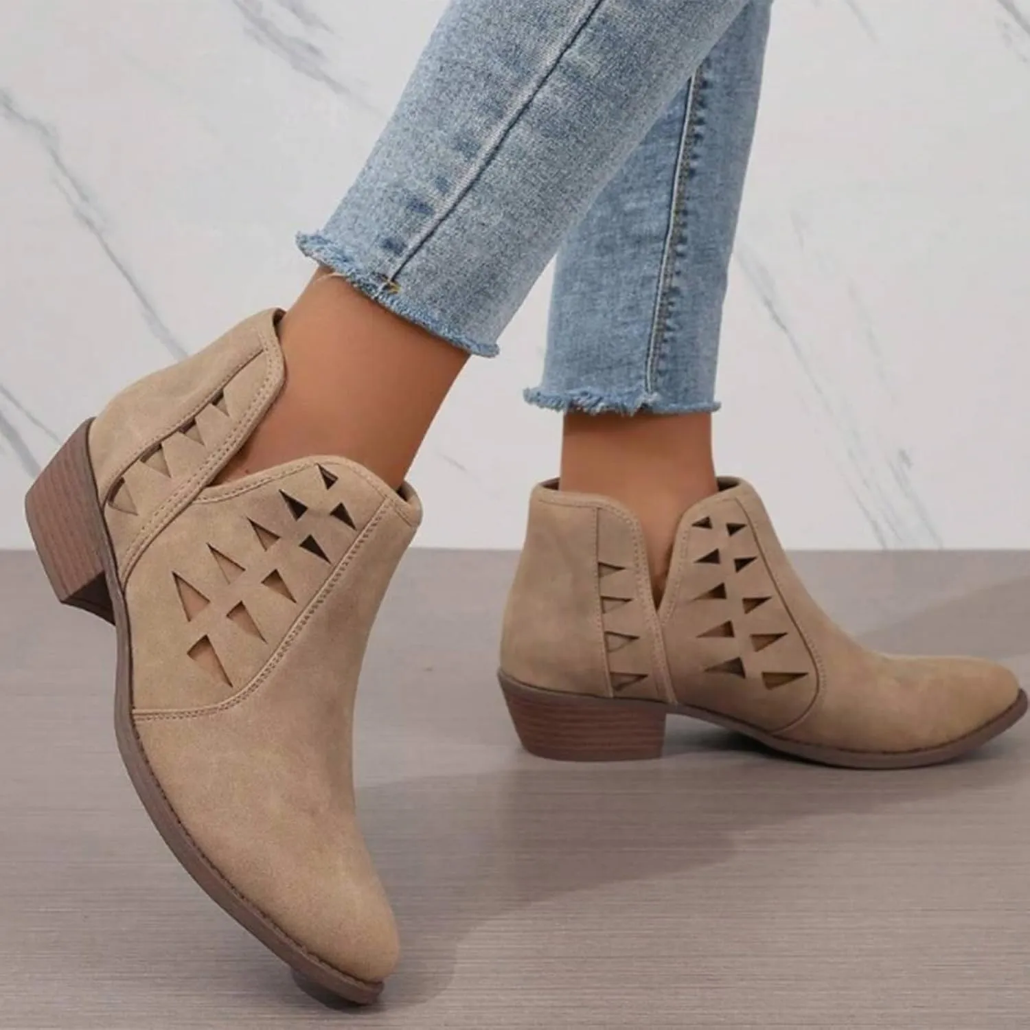 Ankle Boots for Women Womens Low Stacked Block Heel Fall Perforated Cut Out Ankle Booties Slip On Dress Short Boots