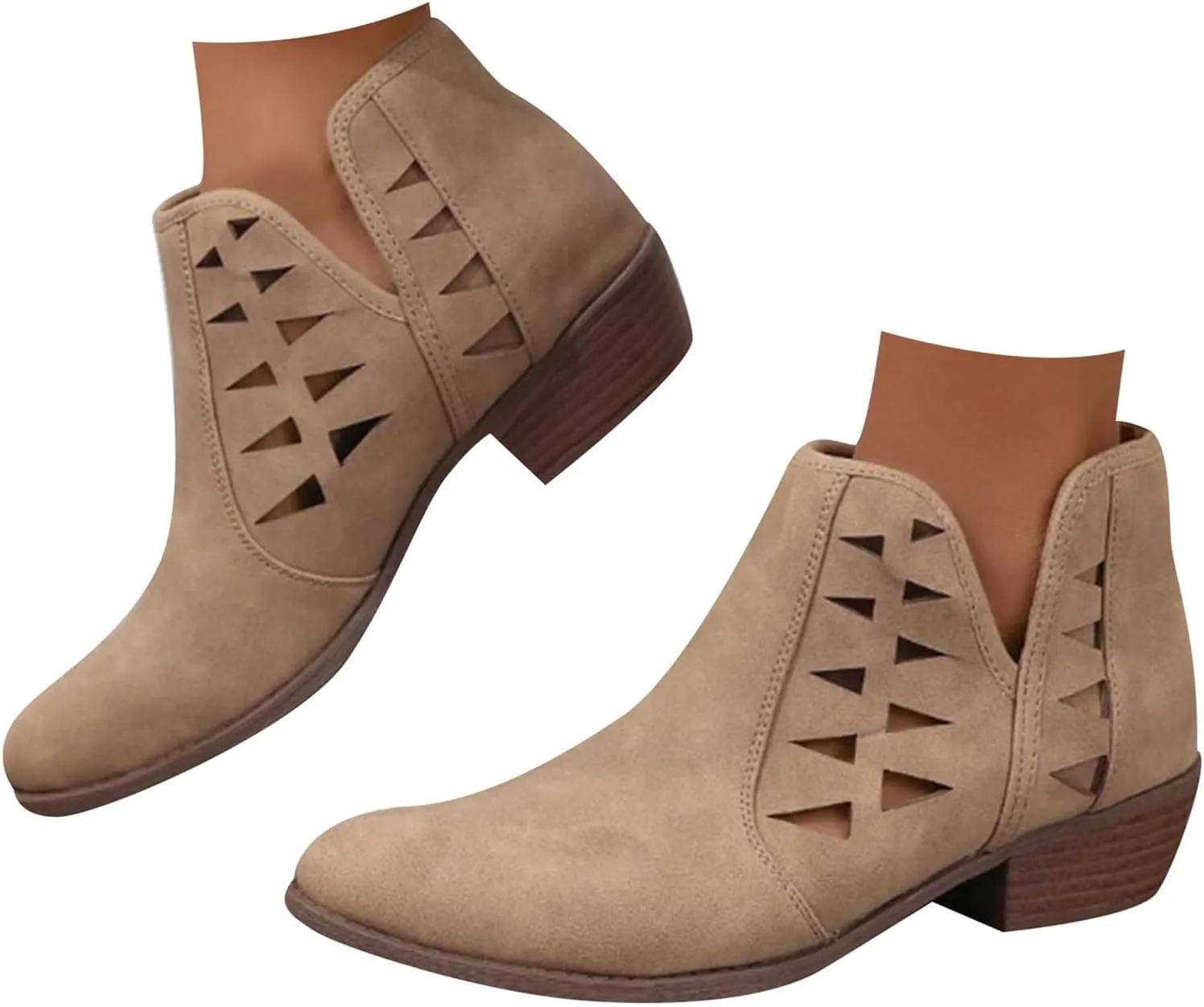 Ankle Boots for Women Womens Low Stacked Block Heel Fall Perforated Cut Out Ankle Booties Slip On Dress Short Boots