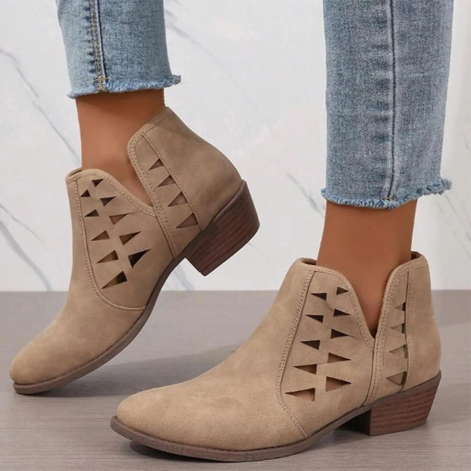 Ankle Boots for Women Womens Low Stacked Block Heel Fall Perforated Cut Out Ankle Booties Slip On Dress Short Boots