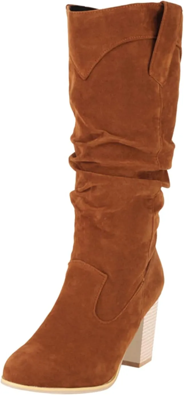 Ankle Boots for Women Women's Western slouchy Mid Calf Boots Fashion Round Toe Confortable Chunky Stacked Heel Booties