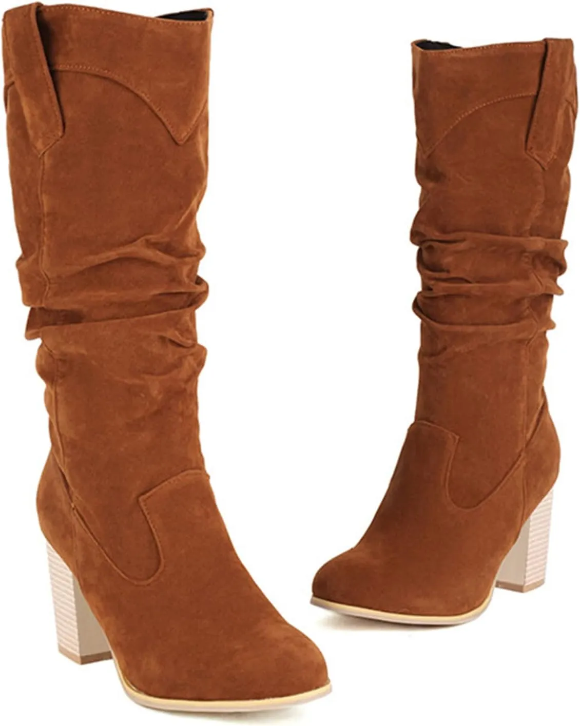 Ankle Boots for Women Women's Western slouchy Mid Calf Boots Fashion Round Toe Confortable Chunky Stacked Heel Booties