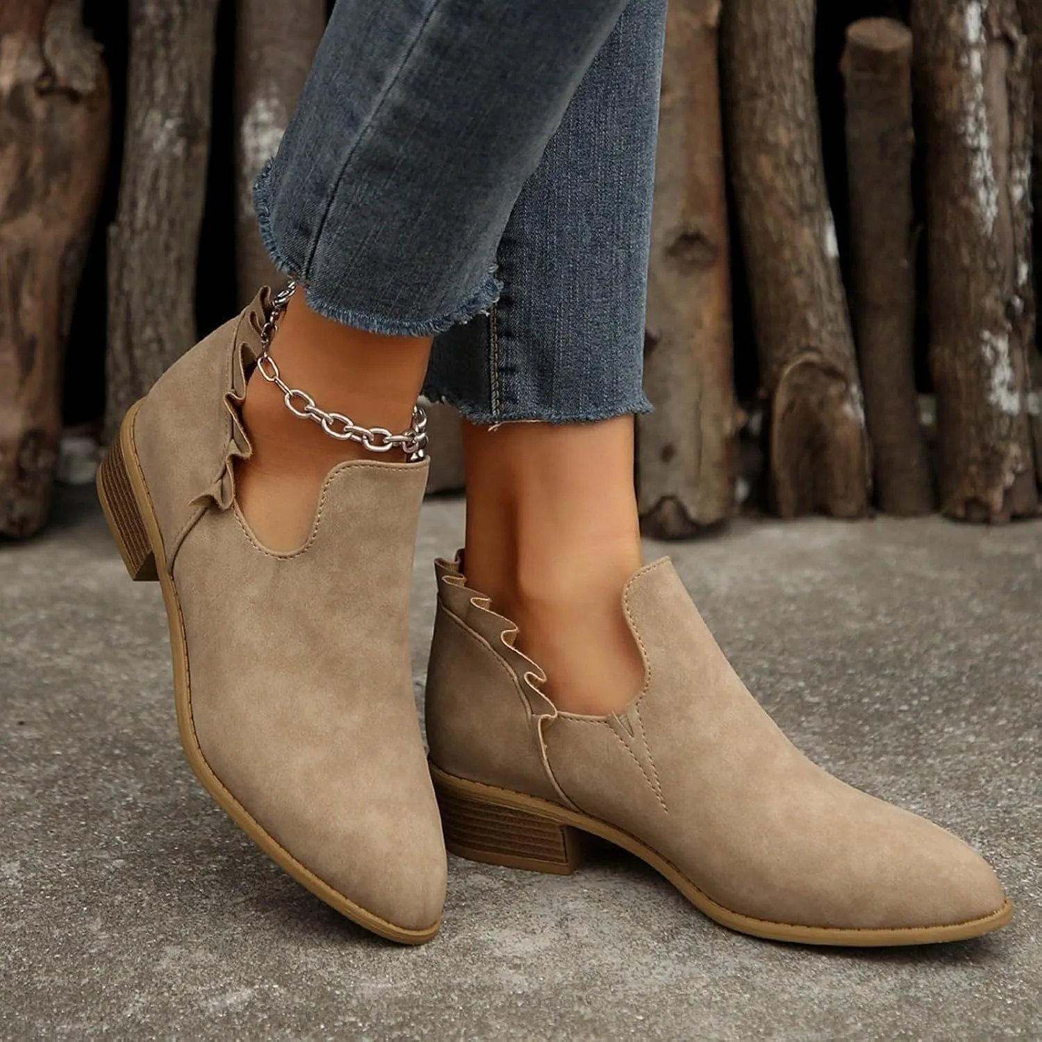 Cathalem Ankle Boots for Women, 2024 New V Cutout Ankle Boots Pointed Toe Chunky Fall Boots Western Boots Low Heel Boots
