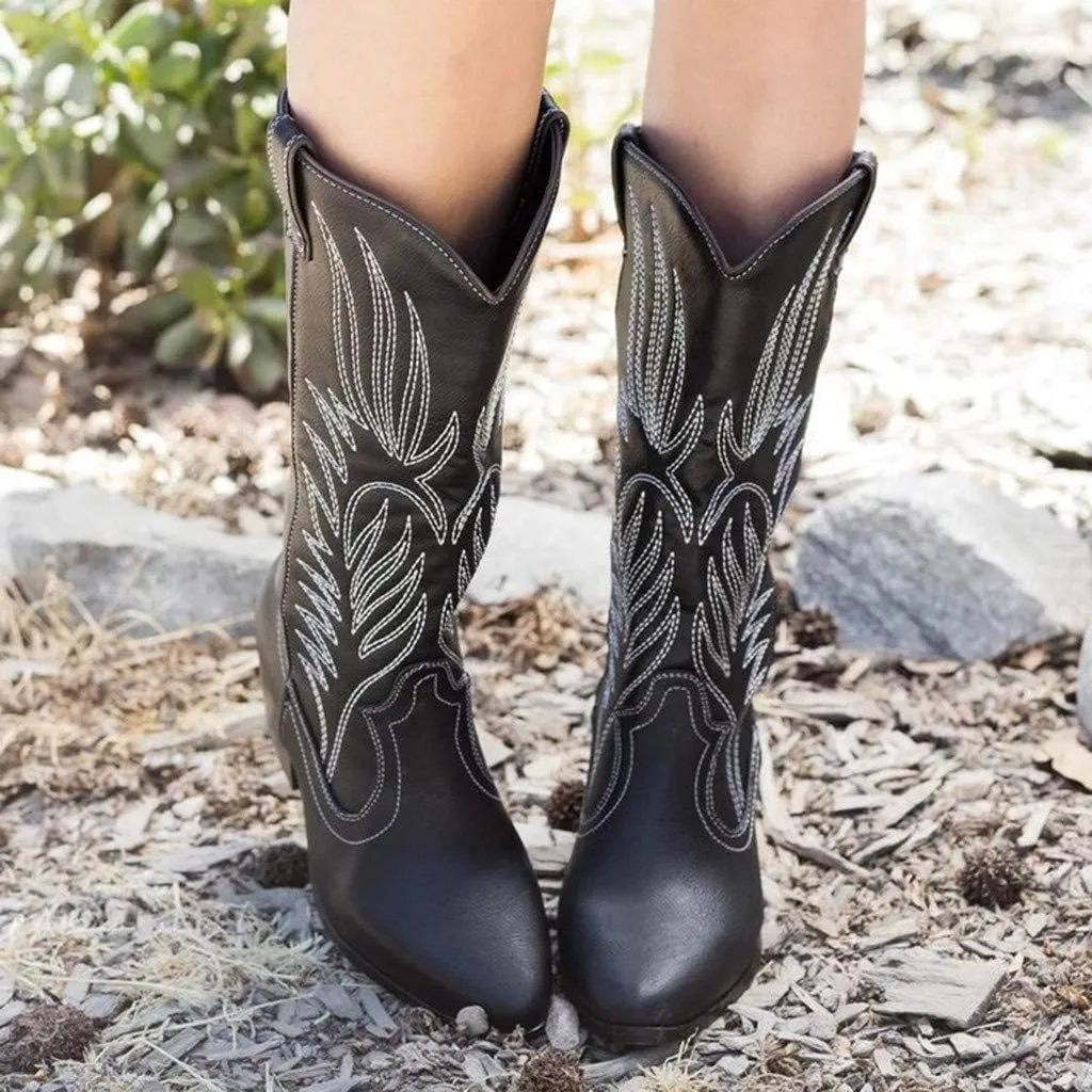 Cathalem Cowgirl Boots for Women Wide Calf Knee High Embroidered Western Cowgirl Boots Pointed Toe Chunky Heel Retro Boots