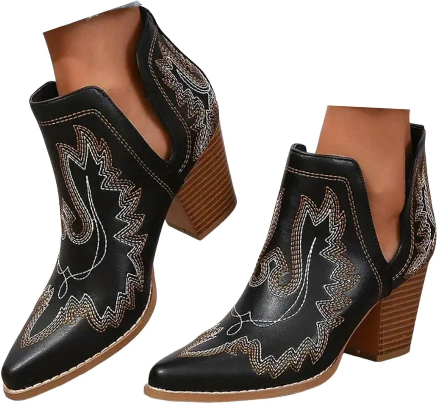 Cowboy Boots for Women Western Cowboy Boots Durable Stack Heel Ankle Style Cowgirl Boots Comfortable Faux Leather Booties
