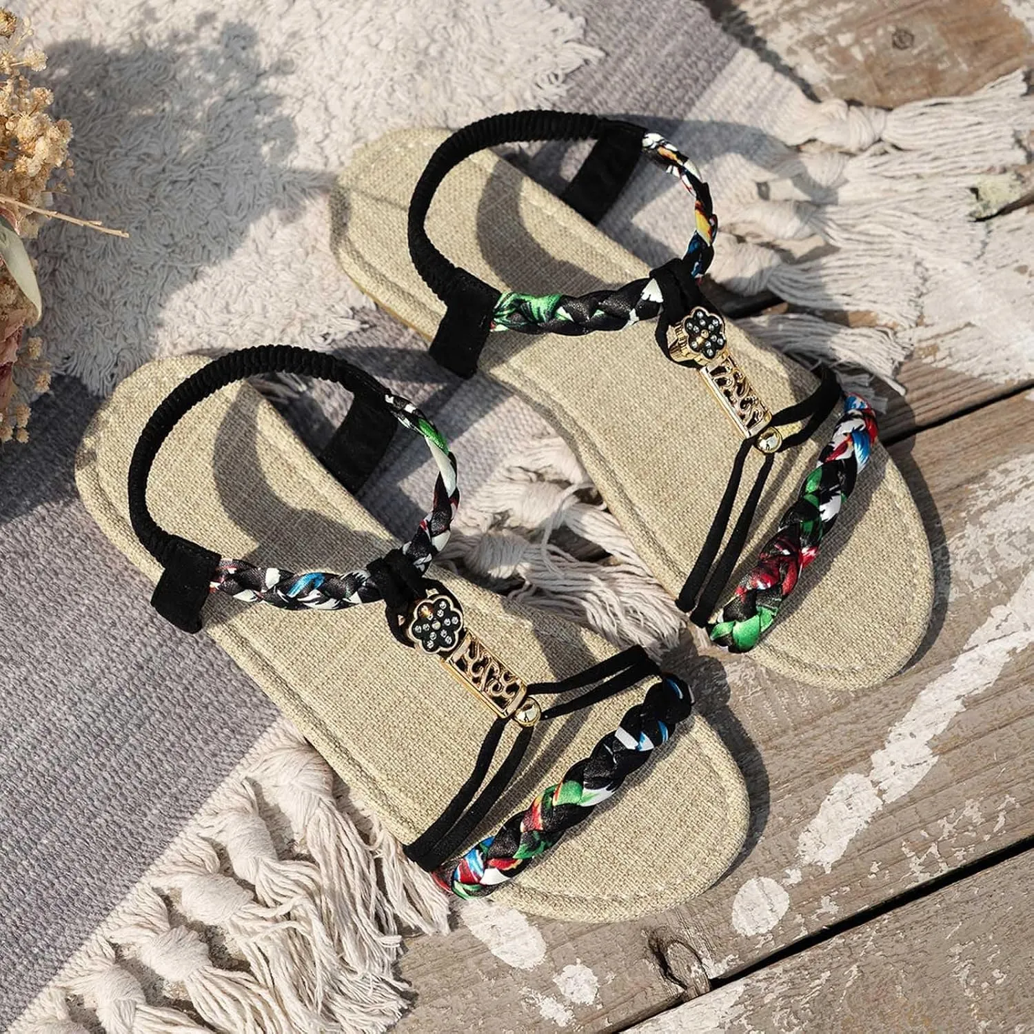 Flat Sandals For Women,Rhinestone Bohemian Braided Flat Sandals Comfortable Walking Casual Beach Ankle Elastic Summer Shoes