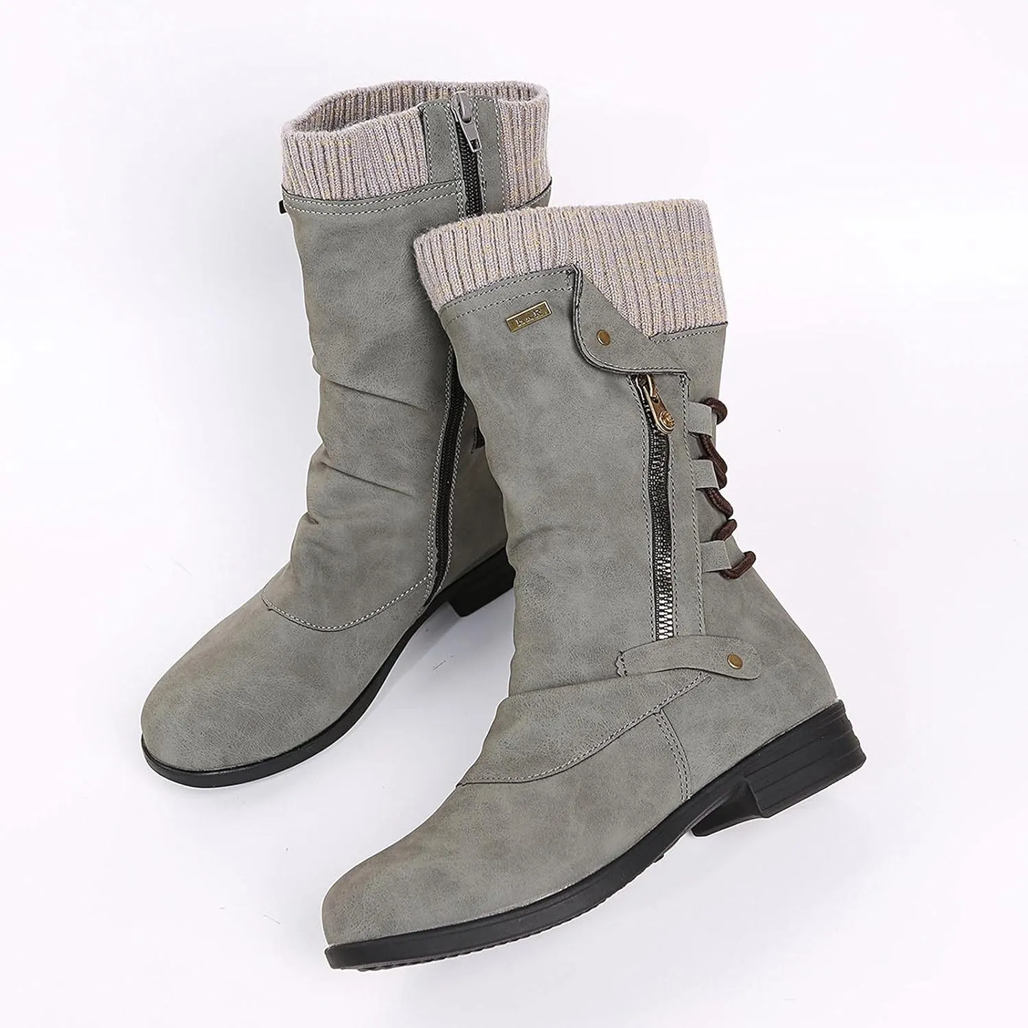oiangi Womens Boots Fashion Mid Calf Side Zipper Back Lace Up Round Toe Square Heel High Boots Vintage Winter Elastic Comfortable Casual Low Heel Shoes