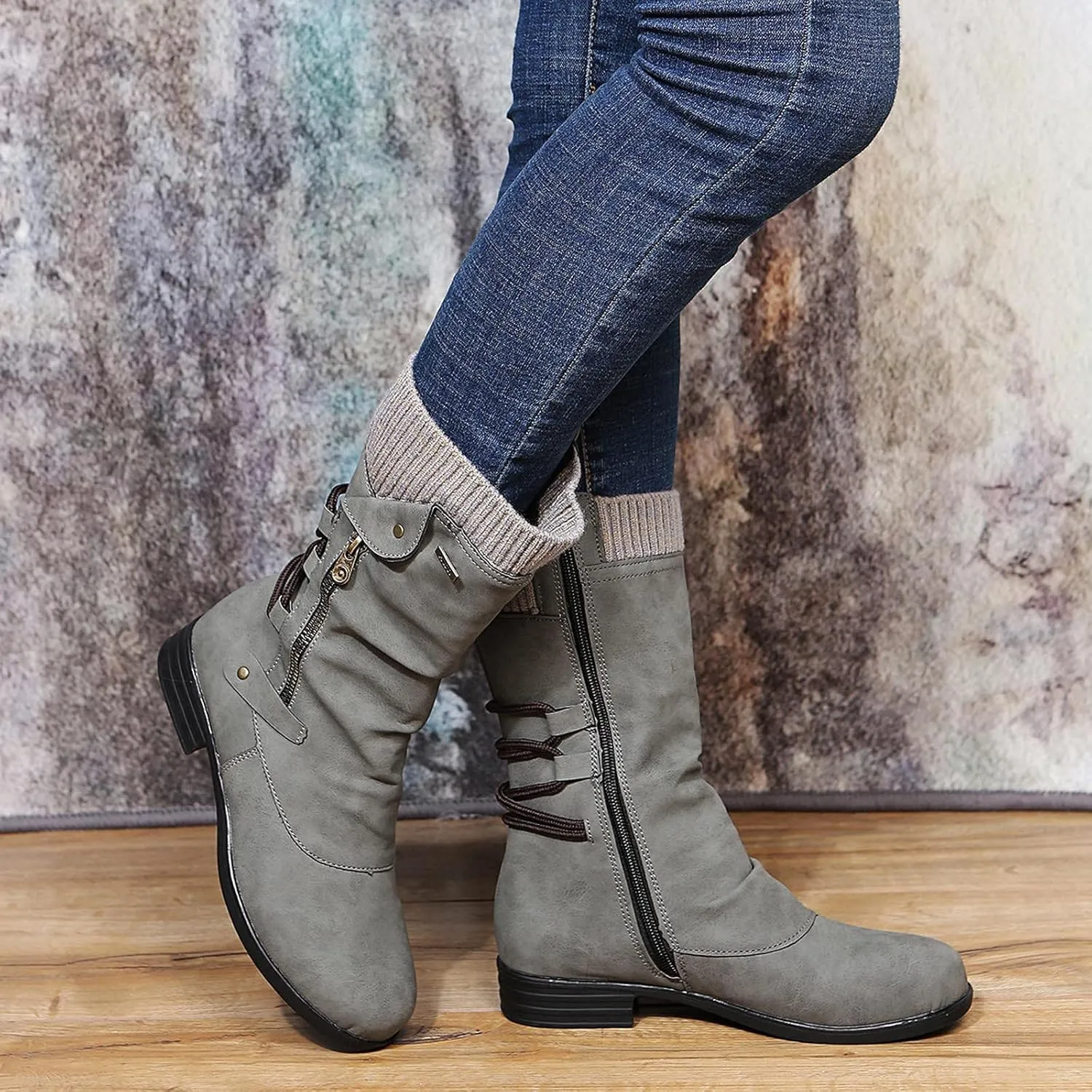 oiangi Womens Boots Fashion Mid Calf Side Zipper Back Lace Up Round Toe Square Heel High Boots Vintage Winter Elastic Comfortable Casual Low Heel Shoes