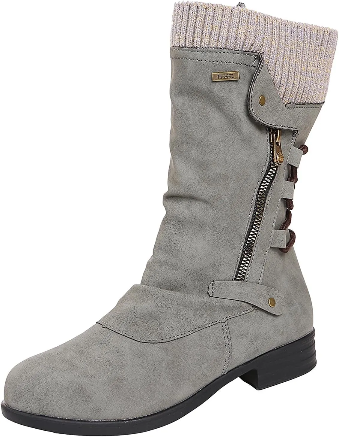 oiangi Womens Boots Fashion Mid Calf Side Zipper Back Lace Up Round Toe Square Heel High Boots Vintage Winter Elastic Comfortable Casual Low Heel Shoes