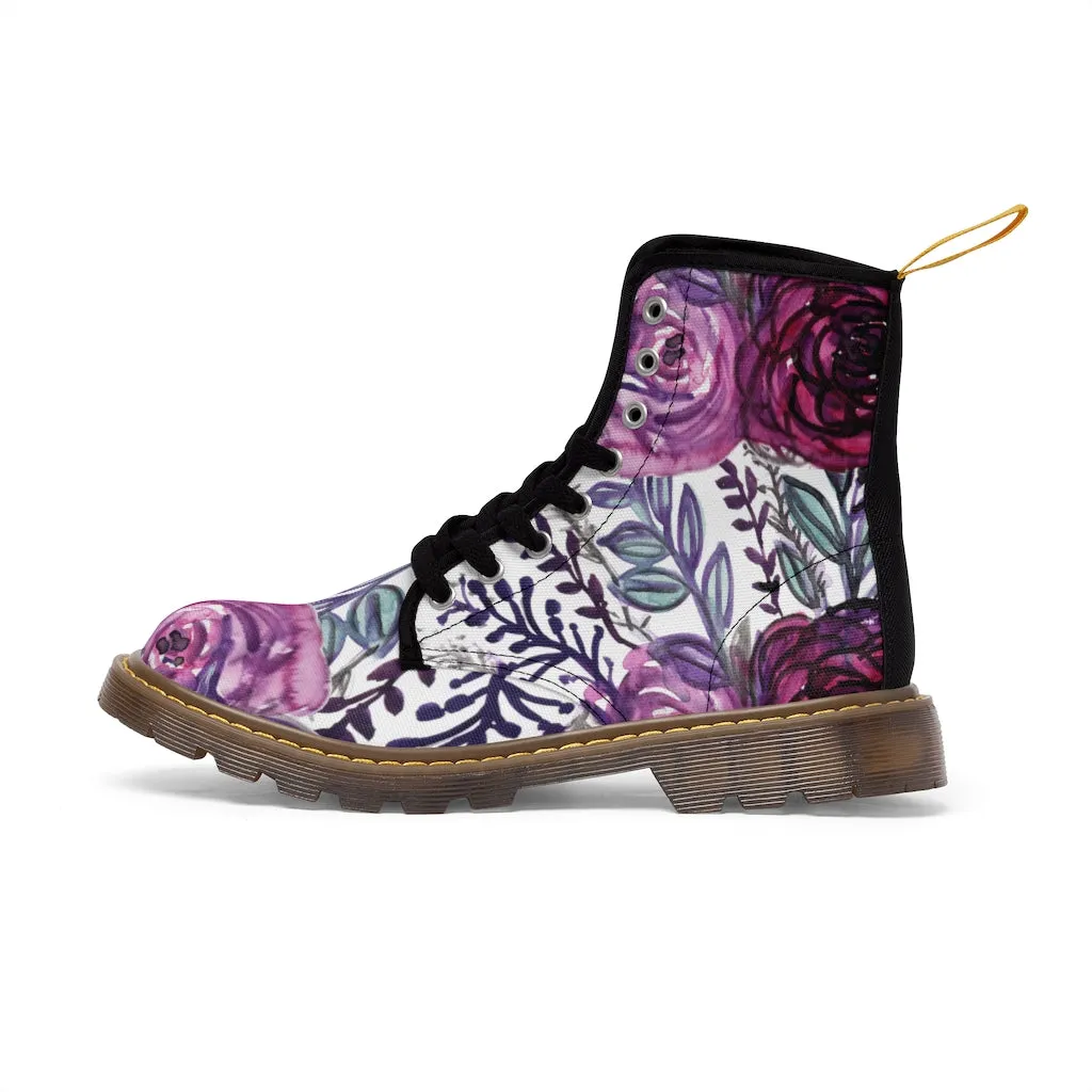Purple Rose Floral Women's Boots, Flower Printed Laced-up Combat Hiking Boots For Ladies