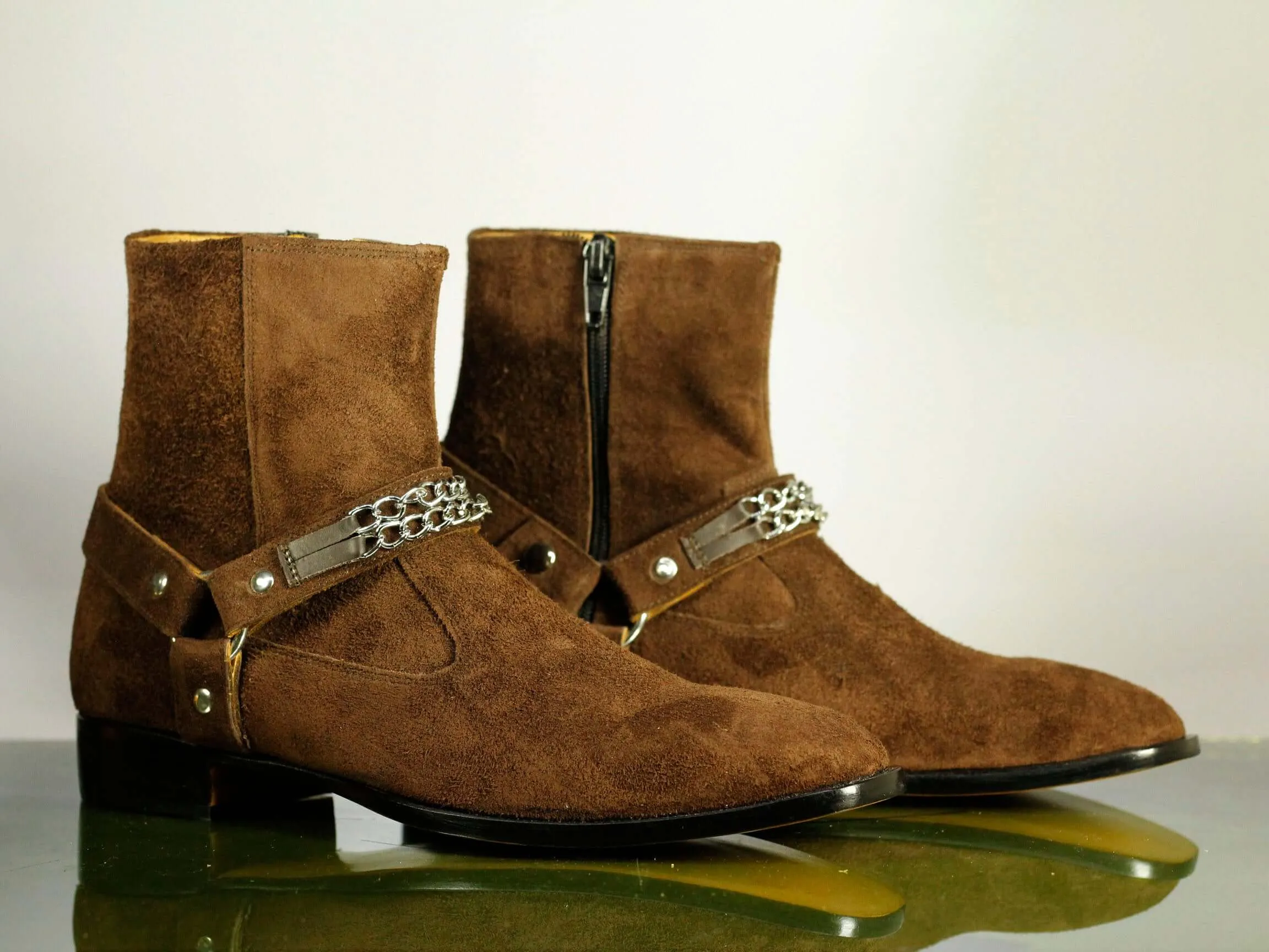 Side Zip Brown Madid Strap Suede Ankle Boots For Men's