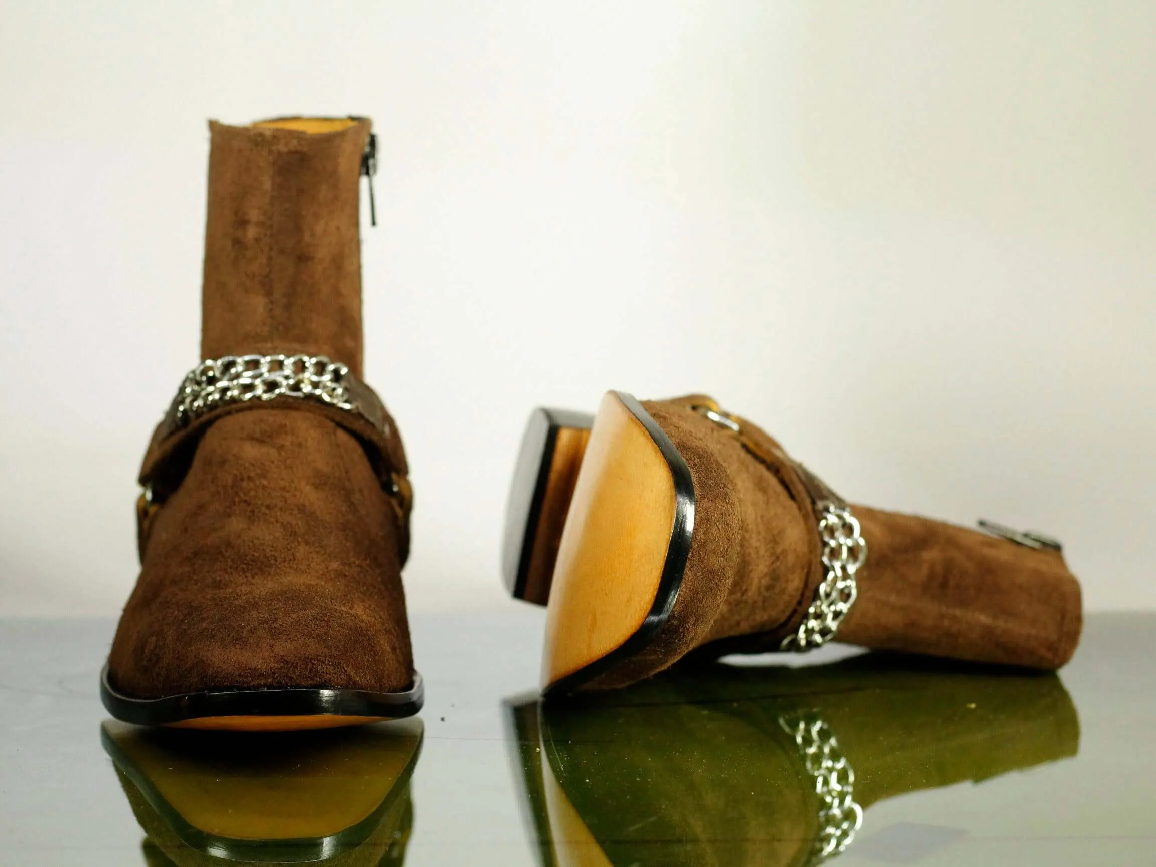 Side Zip Brown Madid Strap Suede Ankle Boots For Men's
