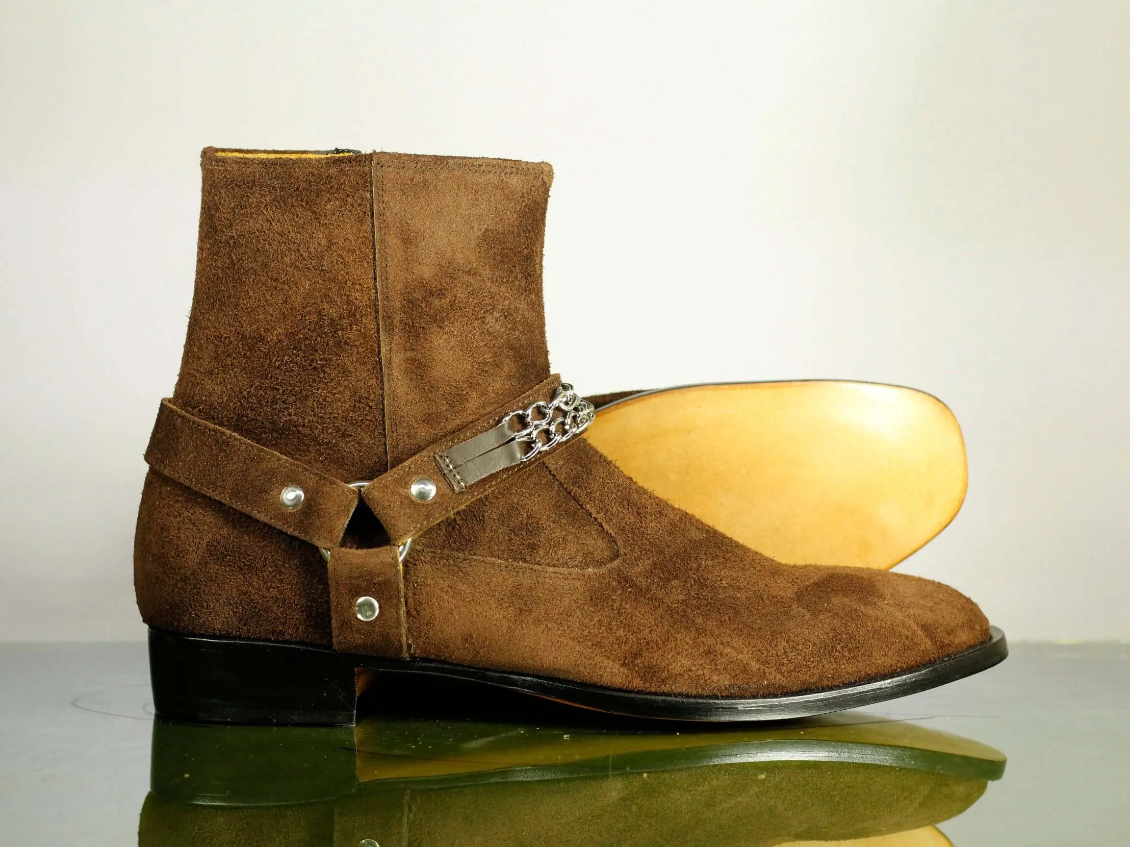 Side Zip Brown Madid Strap Suede Ankle Boots For Men's