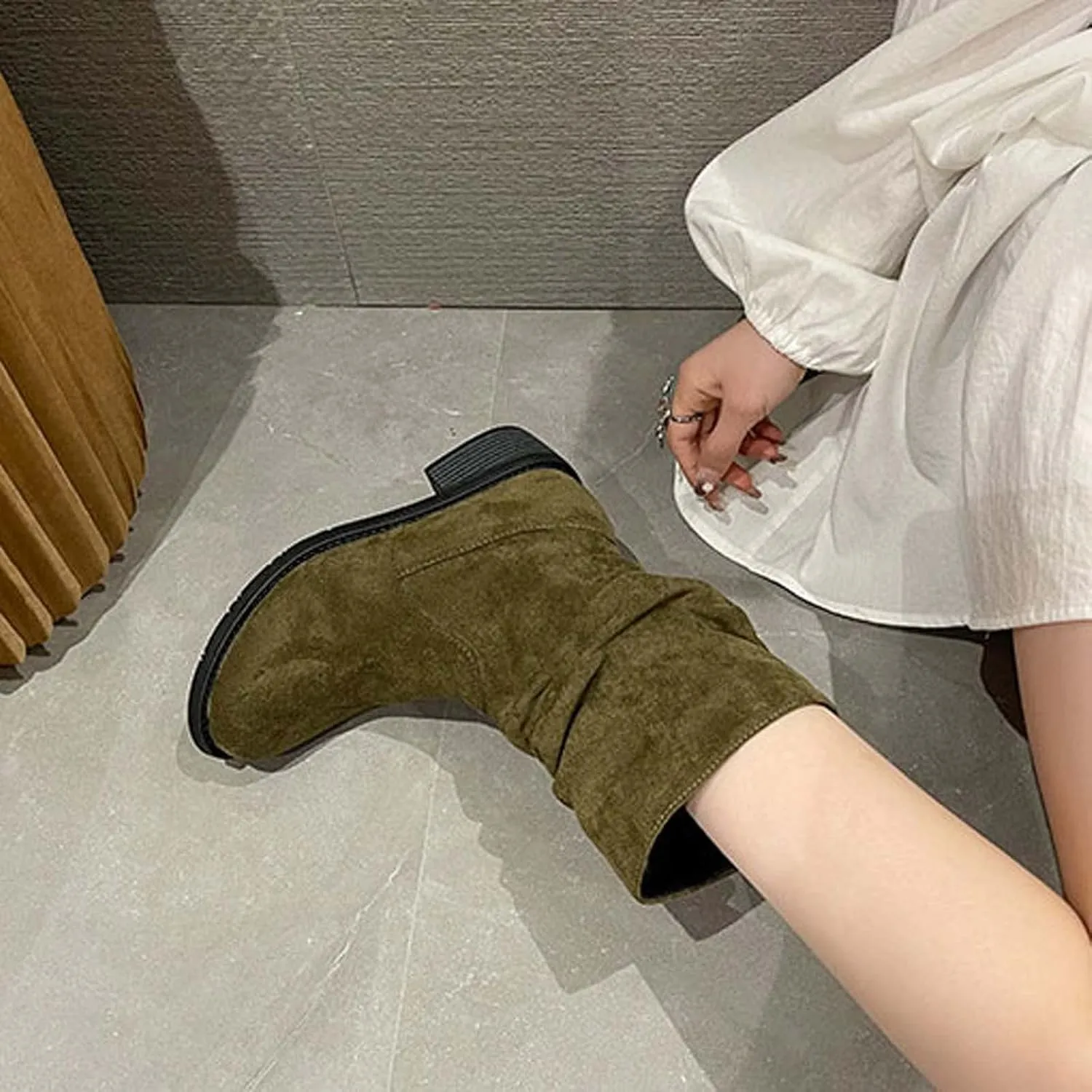 Suede Boots for Women Mid Calf Fashion Chunky Heel Round Toe Pleated Slip on Block Low Heel Boots 2022 Fall Winter Solid Casual Comfy Ladies Shoes
