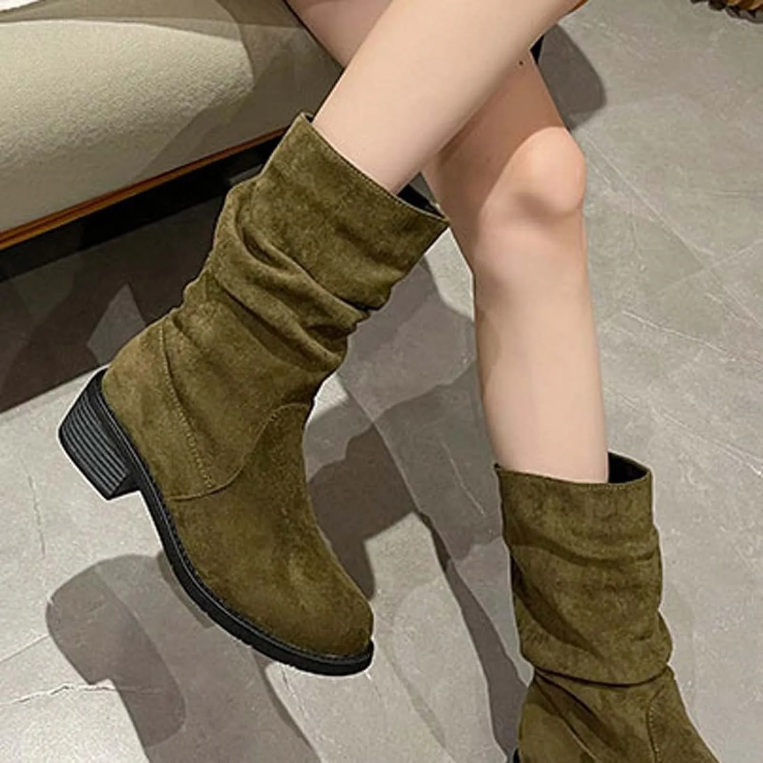 Suede Boots for Women Mid Calf Fashion Chunky Heel Round Toe Pleated Slip on Block Low Heel Boots 2022 Fall Winter Solid Casual Comfy Ladies Shoes