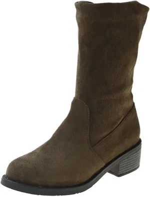 Suede Boots for Women Mid Calf Fashion Chunky Heel Round Toe Pleated Slip on Block Low Heel Boots 2022 Fall Winter Solid Casual Comfy Ladies Shoes